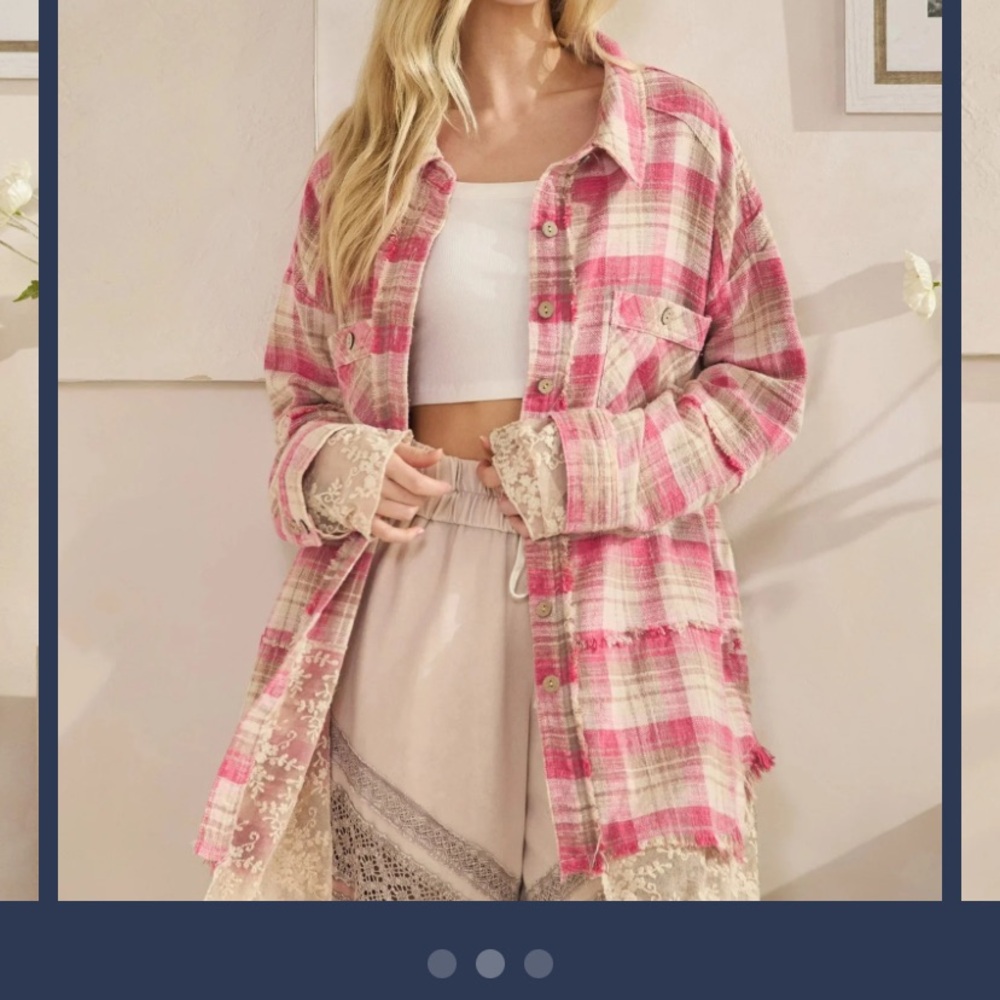 Oli & Hali Pink and Cream Plaid Button-Down Shirt shacket lace tunic womens XS